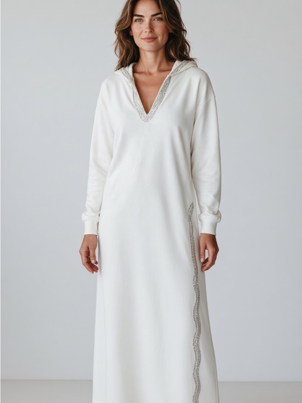 Coco Bianco Ivory Hooded Maxi Lounge Dress with Trim